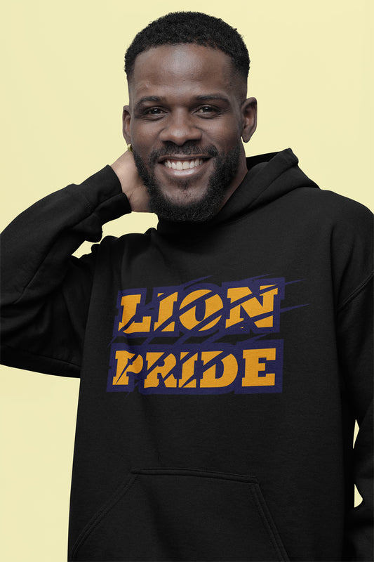 Man wearing a black hoodie with 'Lion Pride' text on a beige background